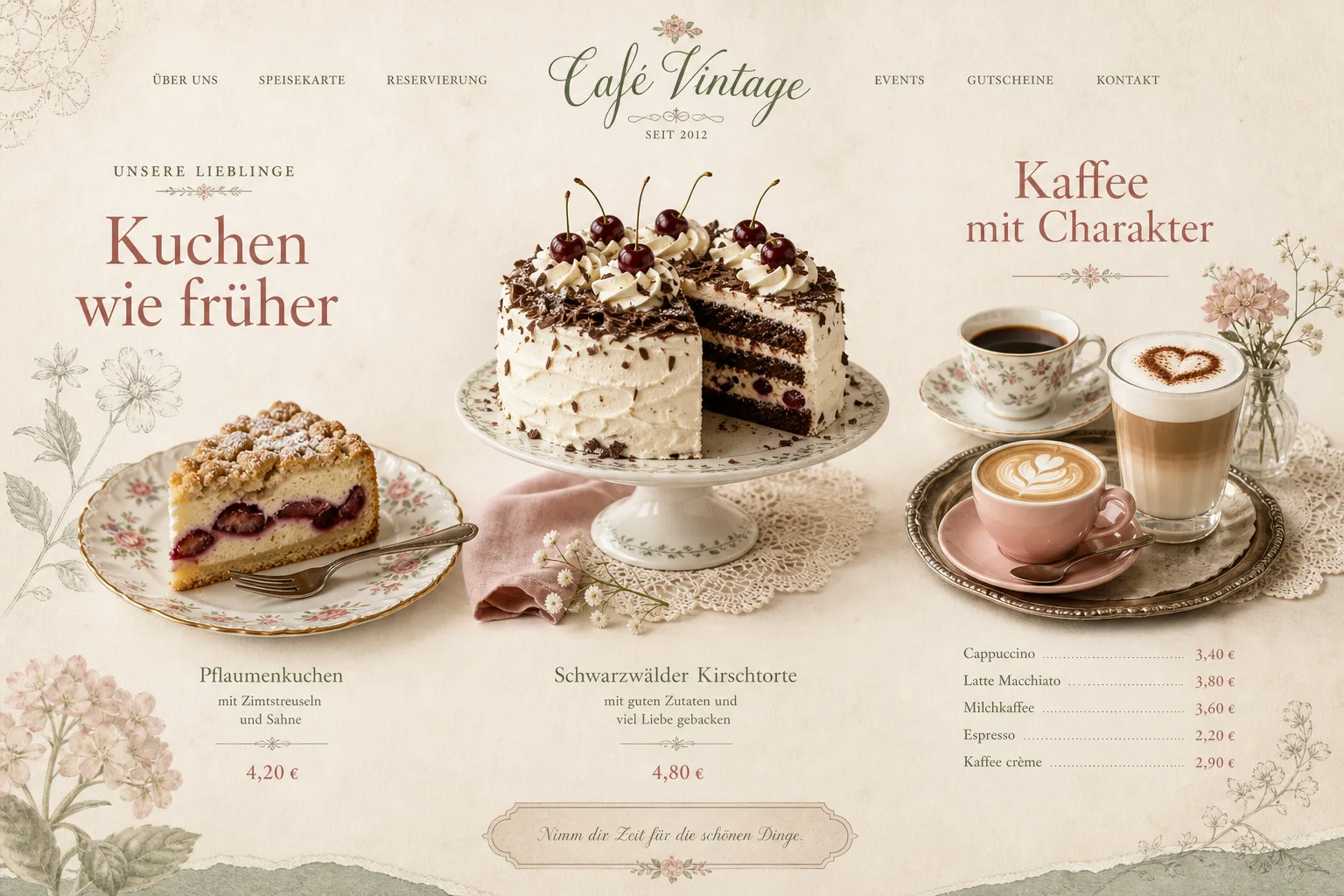 Menübereich der Website für Cafe Vintage