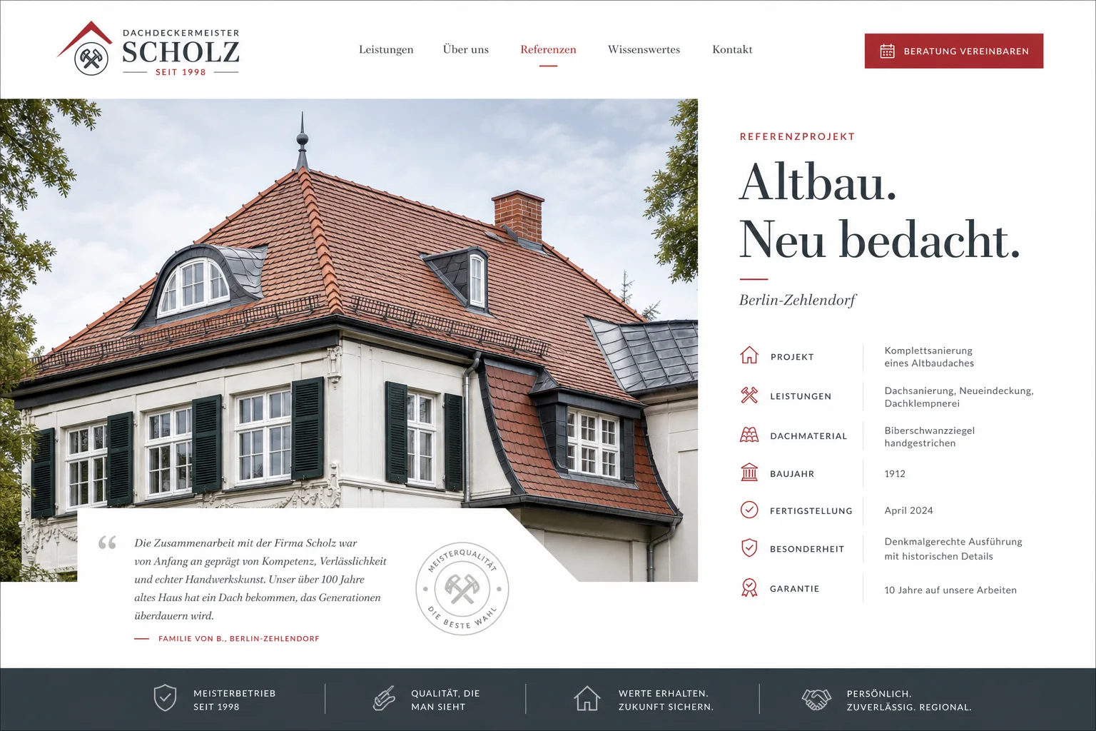 Referenzbereich der Website für Dachdeckermeister Scholz