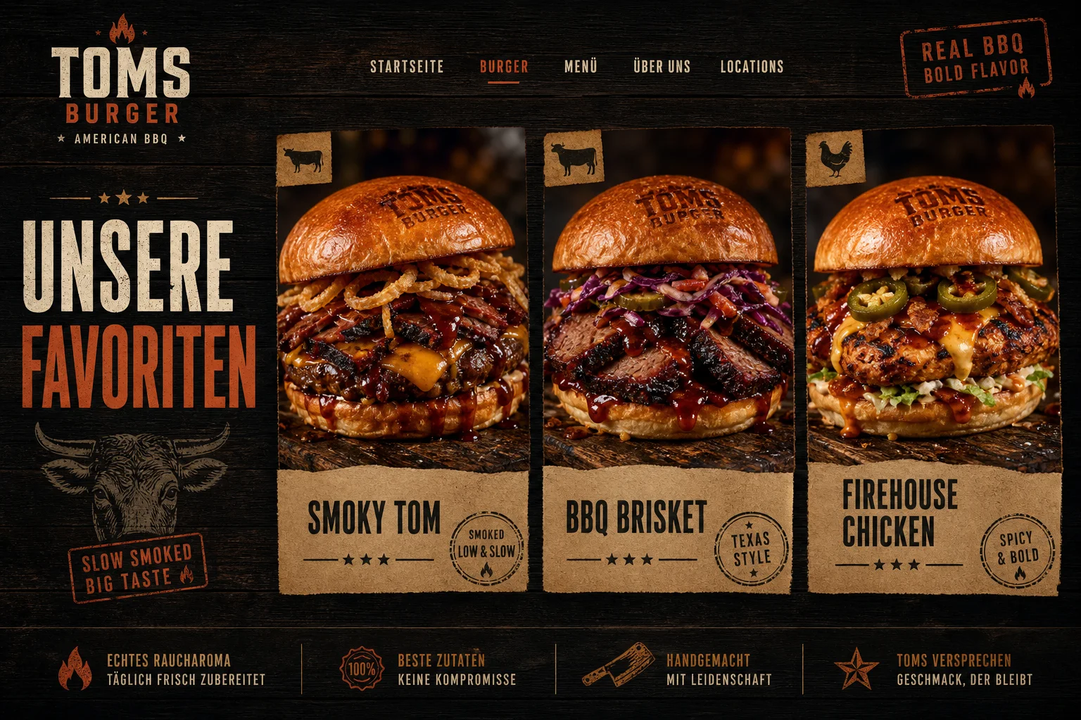 Menübereich der Website für Toms Burger